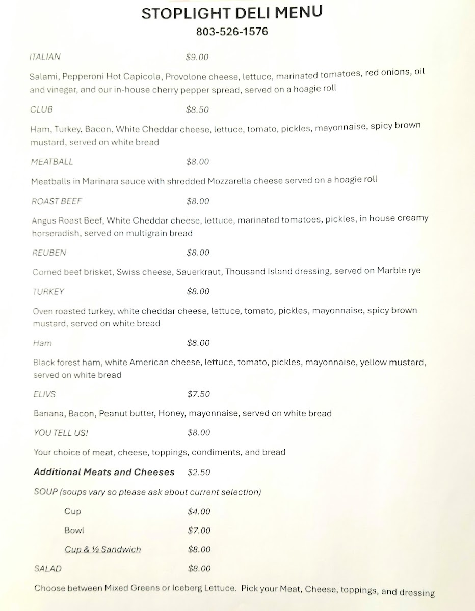 Stoplight Ice Cream & Deli menu board