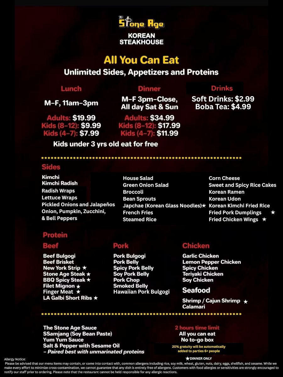 THE STONE AGE KOREAN STEAKHOUSE menu board