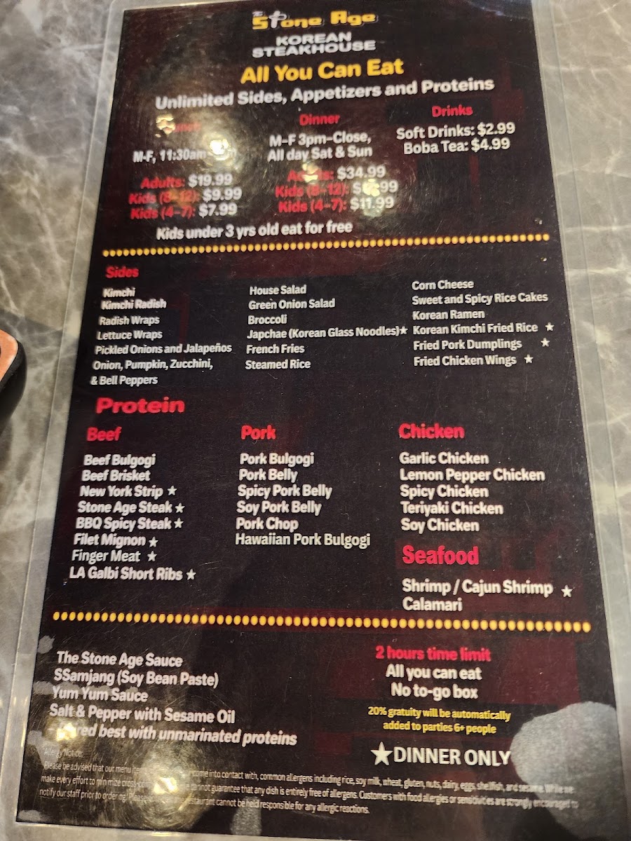 THE STONE AGE KOREAN STEAKHOUSE menu board