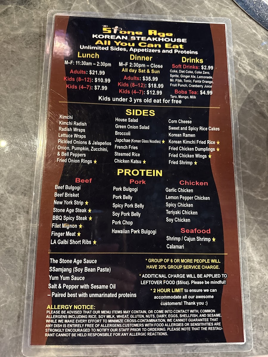 THE STONE AGE KOREAN STEAKHOUSE menu board