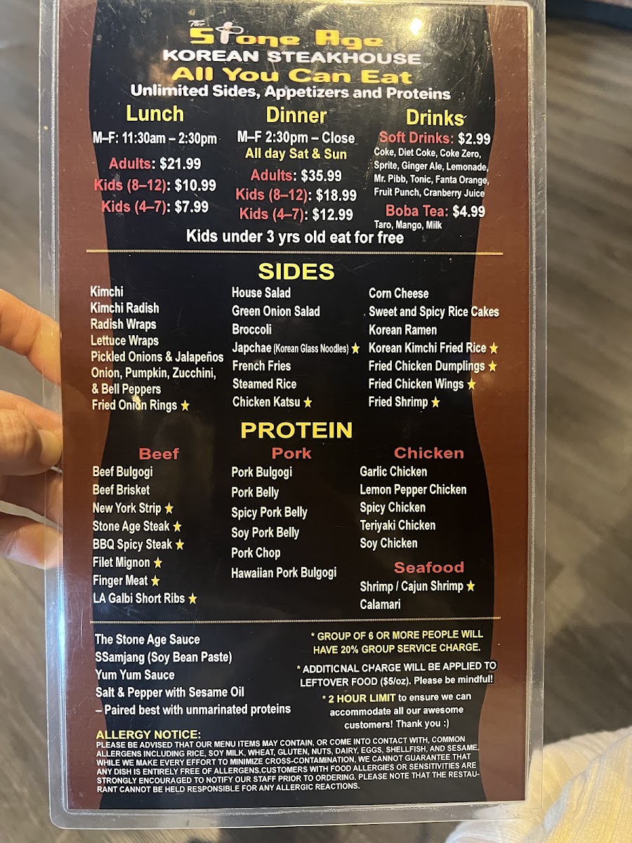 THE STONE AGE KOREAN STEAKHOUSE menu board