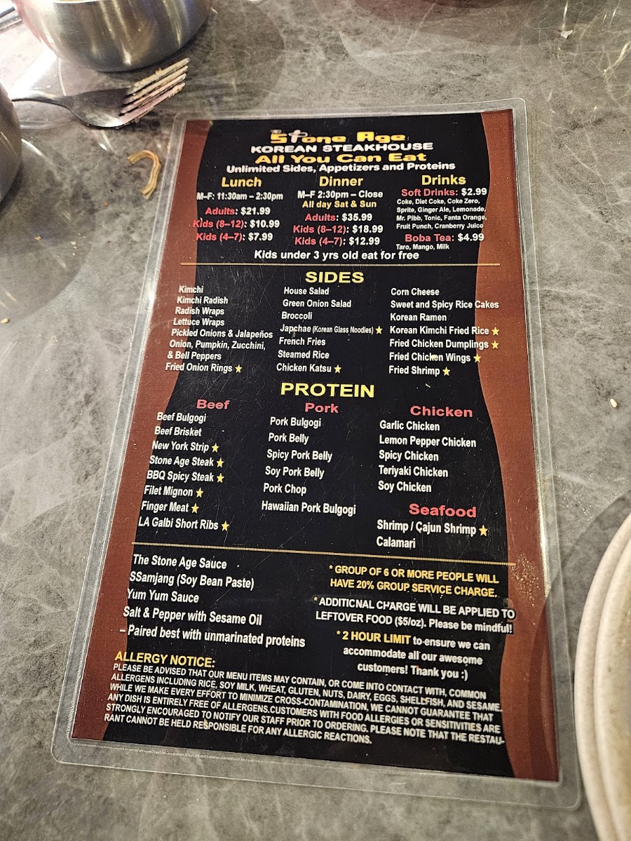 THE STONE AGE KOREAN STEAKHOUSE menu board