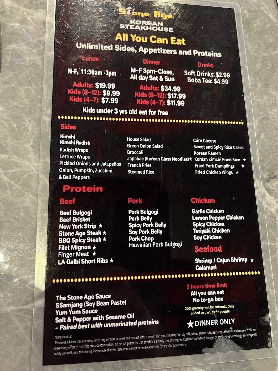 THE STONE AGE KOREAN STEAKHOUSE menu board