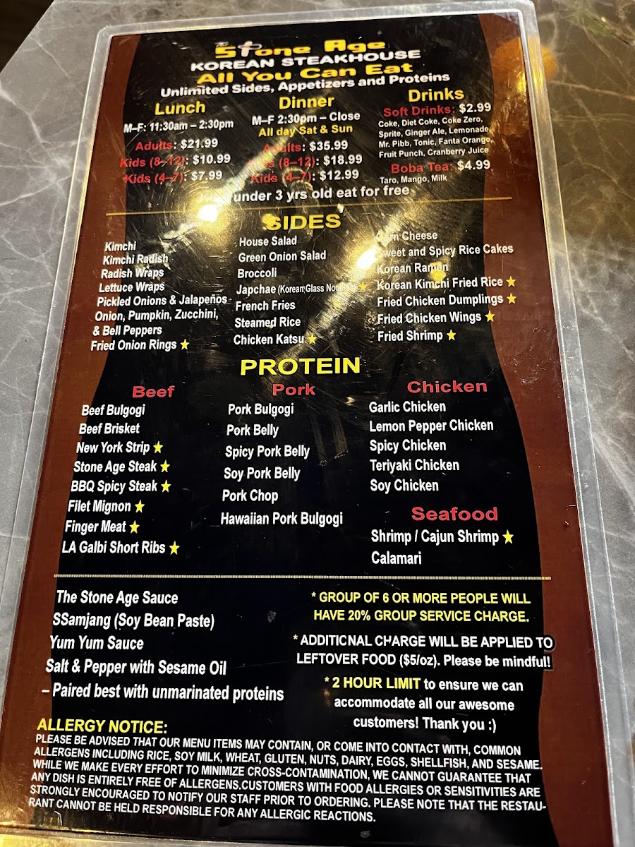 THE STONE AGE KOREAN STEAKHOUSE menu board