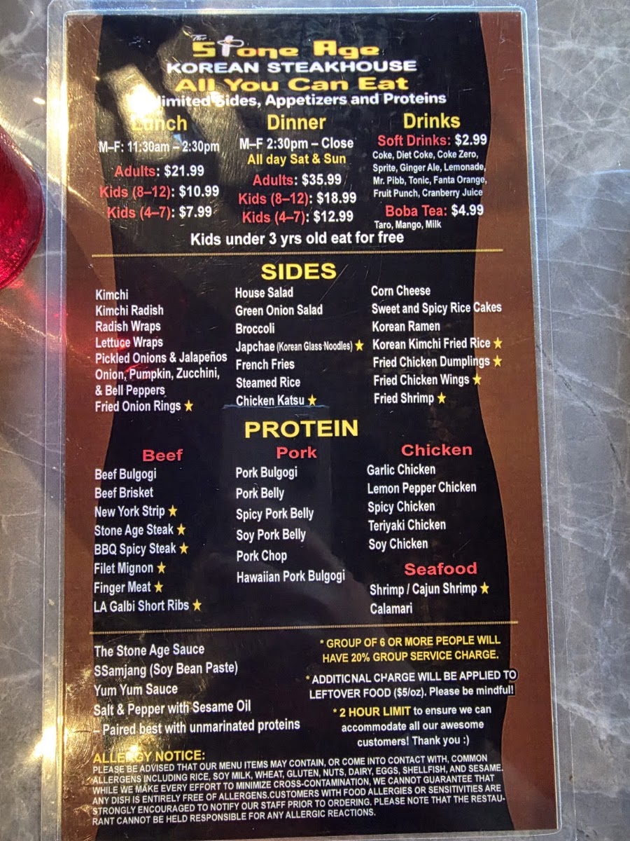 THE STONE AGE KOREAN STEAKHOUSE menu board