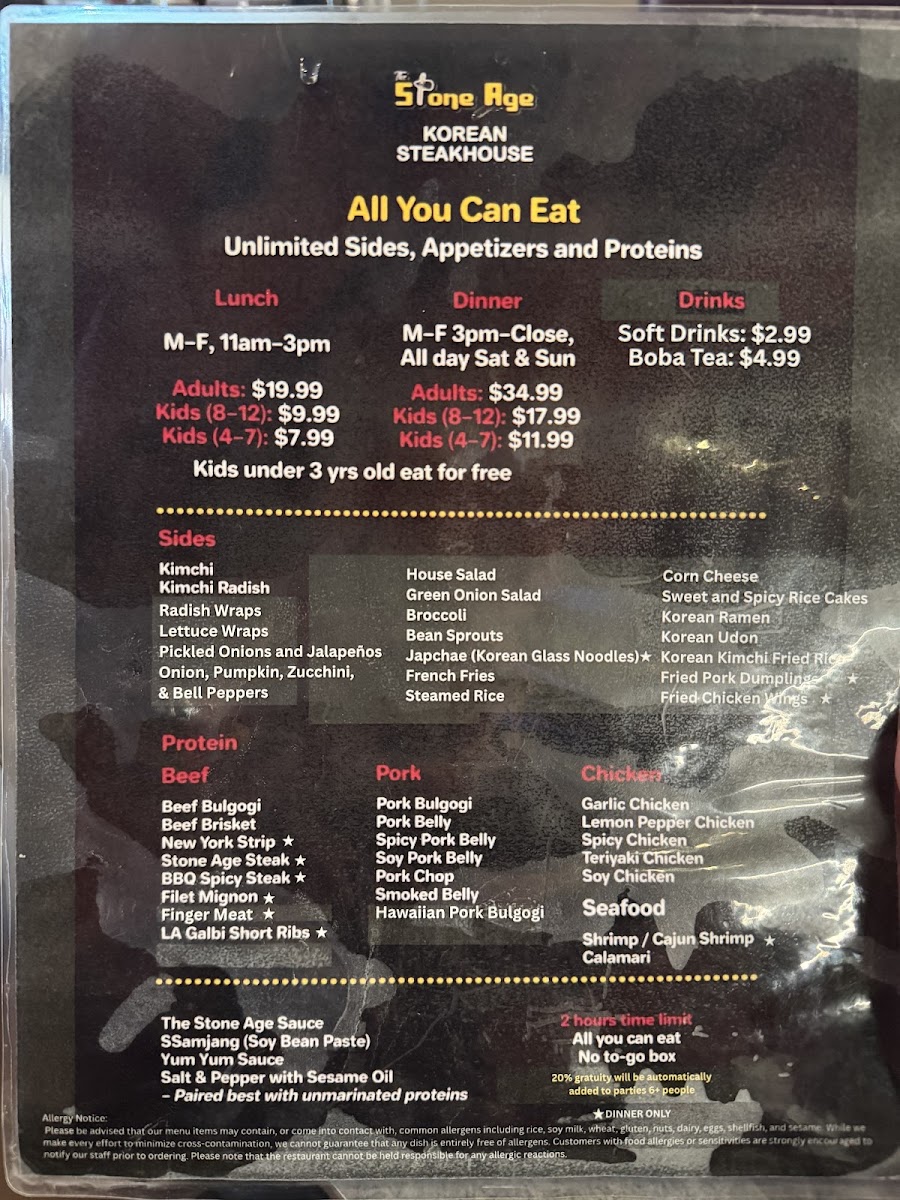 THE STONE AGE KOREAN STEAKHOUSE menu board