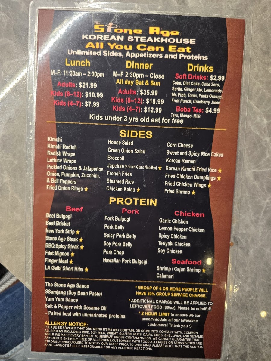 THE STONE AGE KOREAN STEAKHOUSE menu board