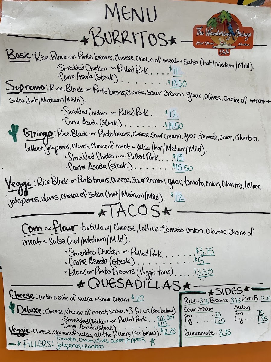 Wandering Gringo Cafe menu board