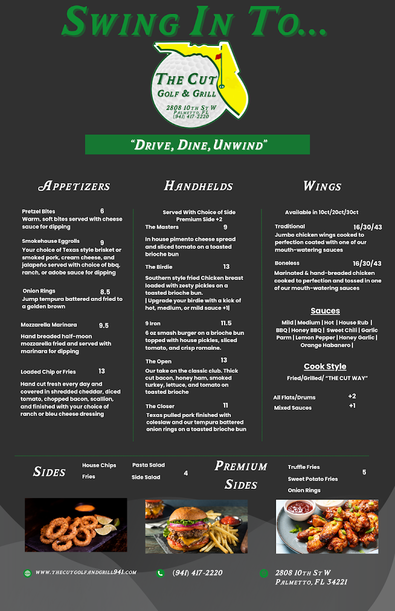 The Cut Golf & Grill menu board