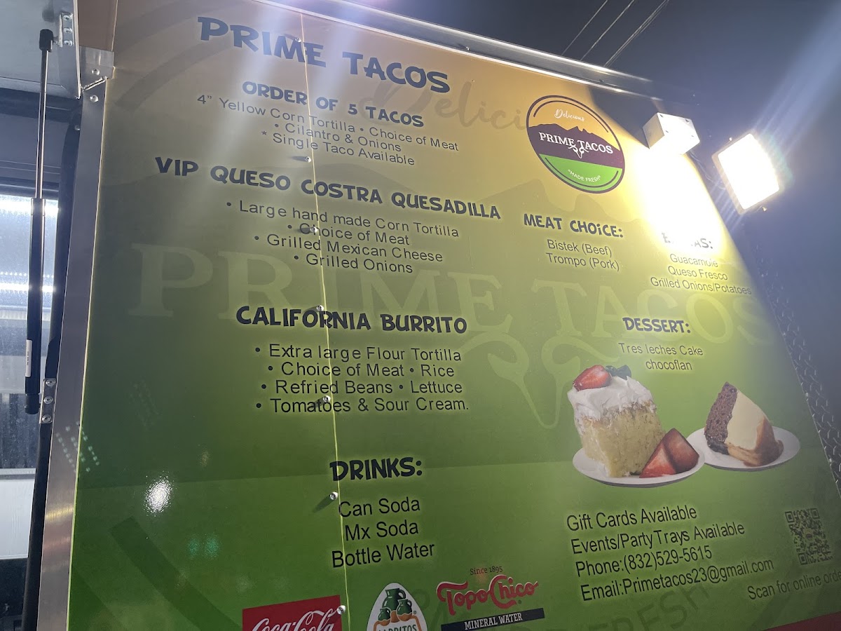 Prime Tacos menu board