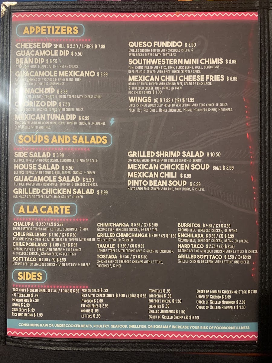 Senor Fajita's Oak Grove menu board