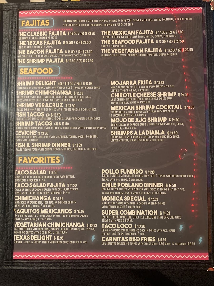 Senor Fajita's Oak Grove menu board