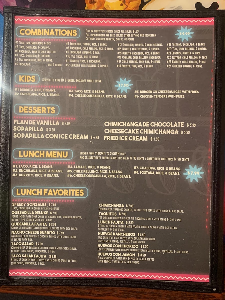 Senor Fajita's Oak Grove menu board