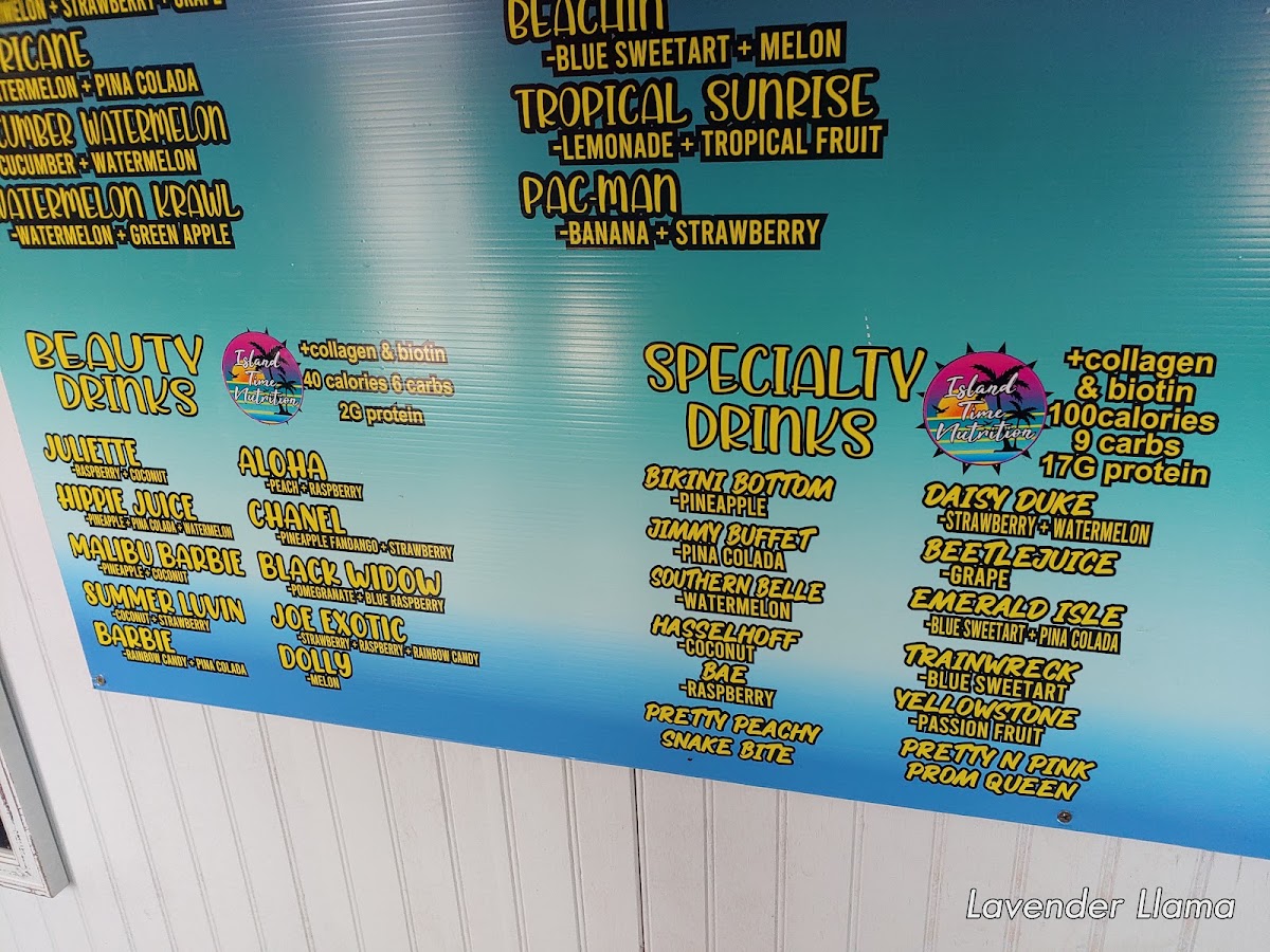 Island Time Nutrition menu board