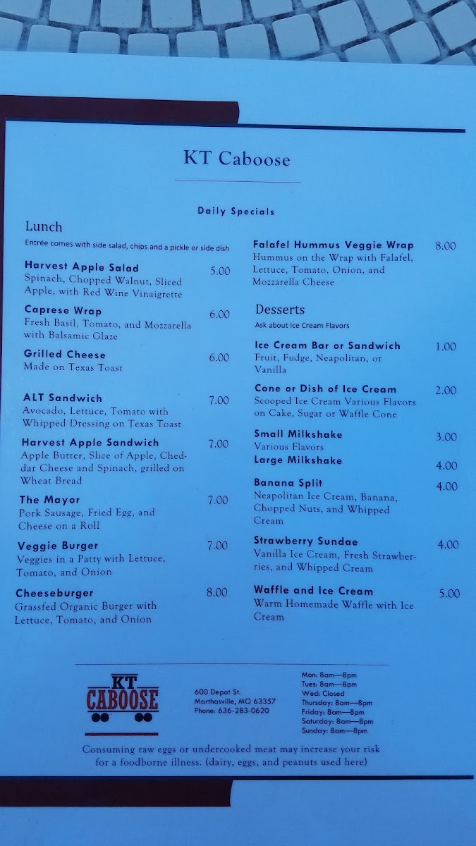 KT Caboose menu board