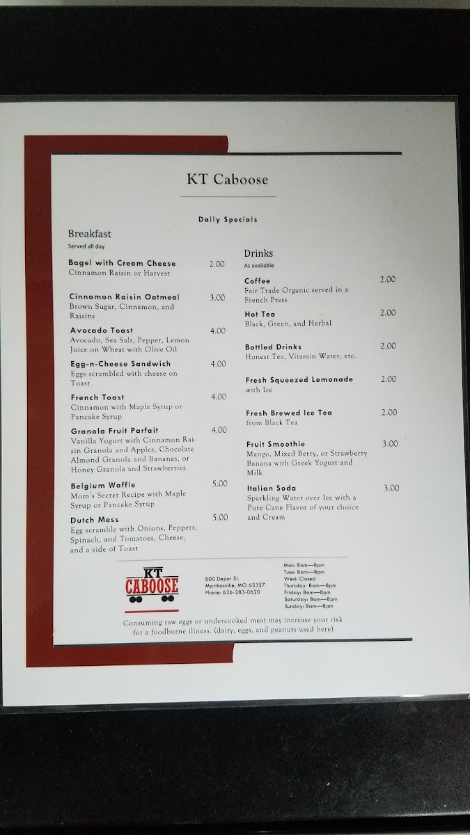 KT Caboose menu board