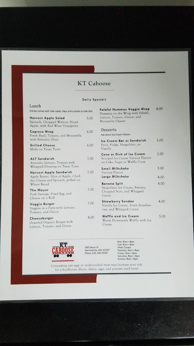 KT Caboose menu board