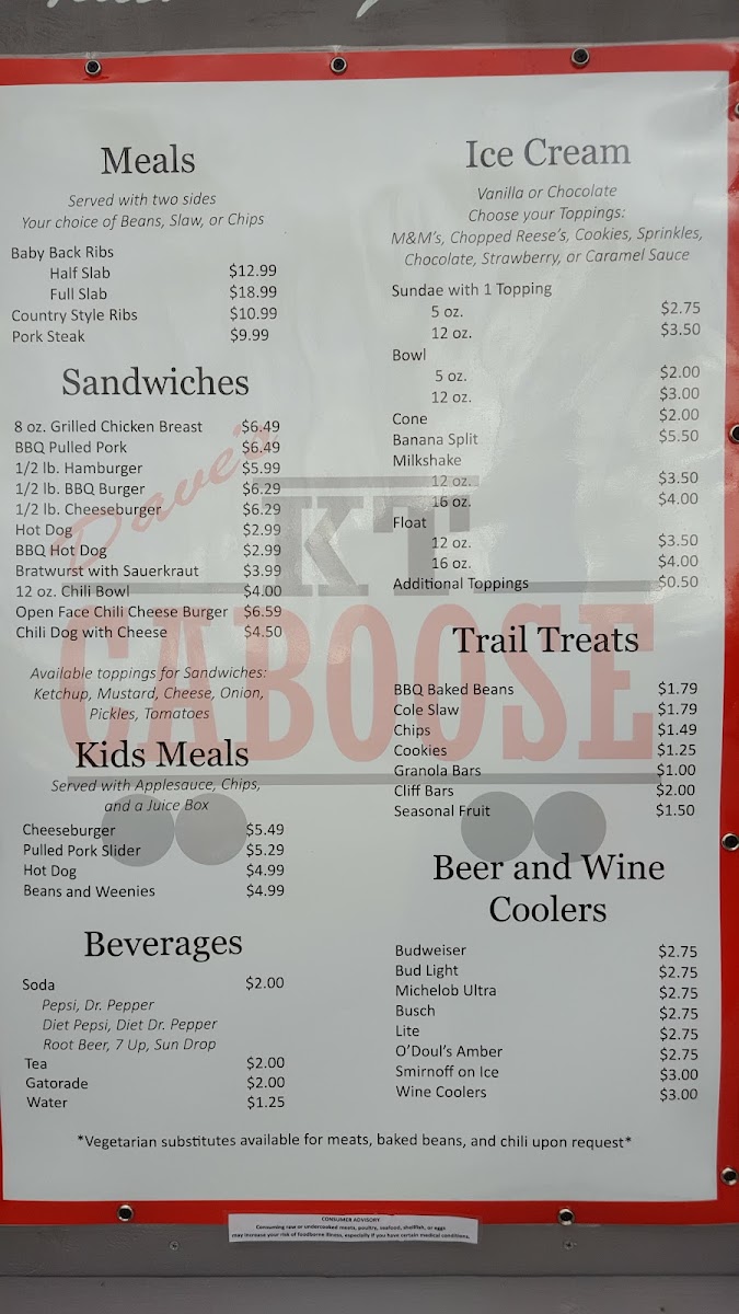 KT Caboose menu board