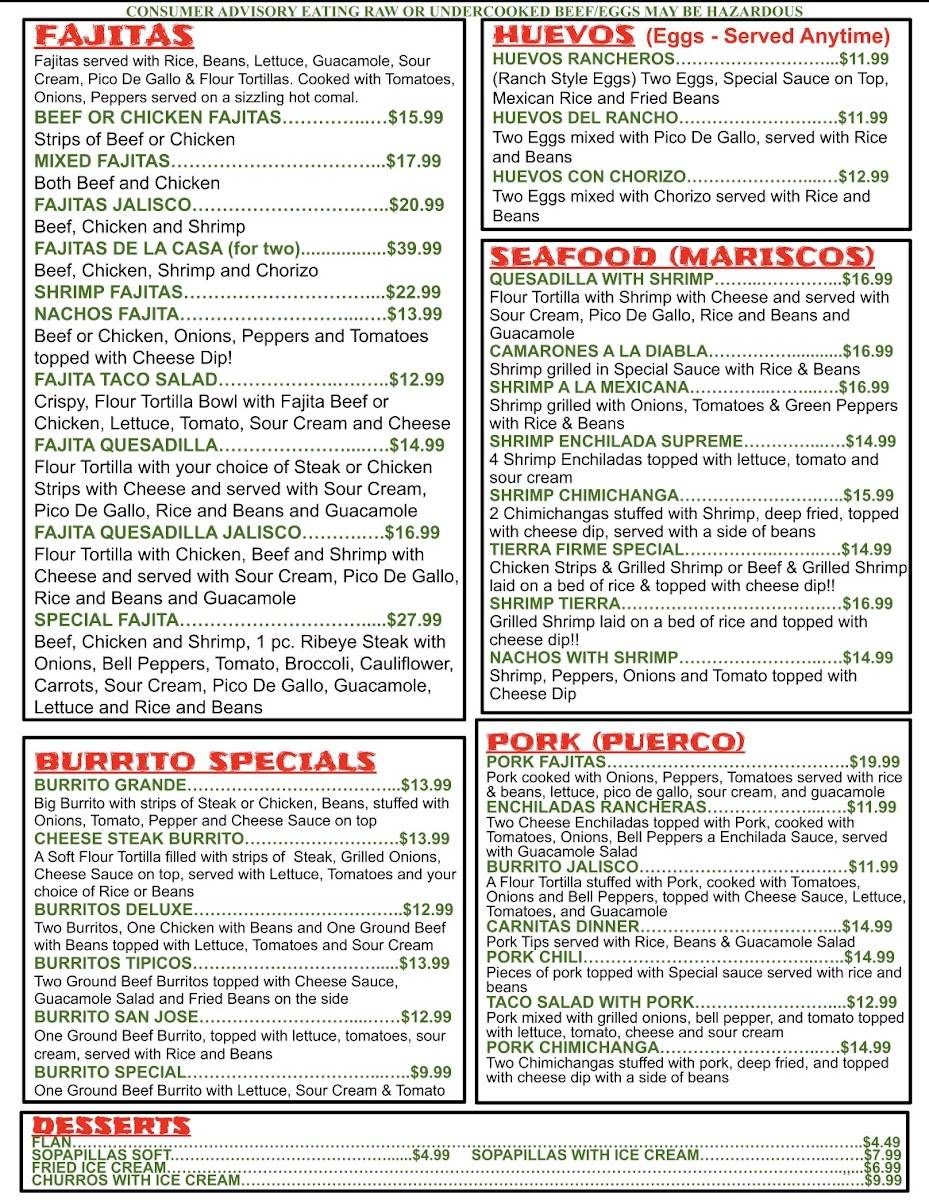 Oya Grill Mexican Restaurant menu board