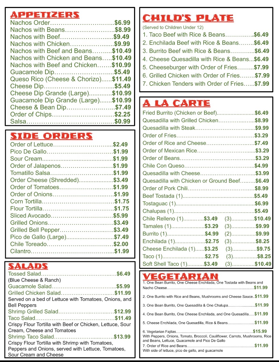 Oya Grill Mexican Restaurant menu board