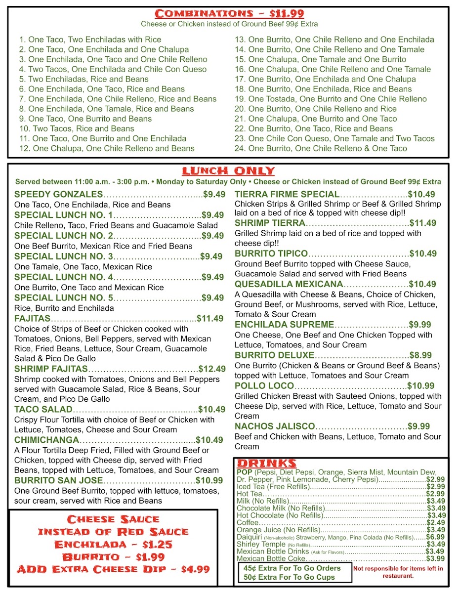 Oya Grill Mexican Restaurant menu board