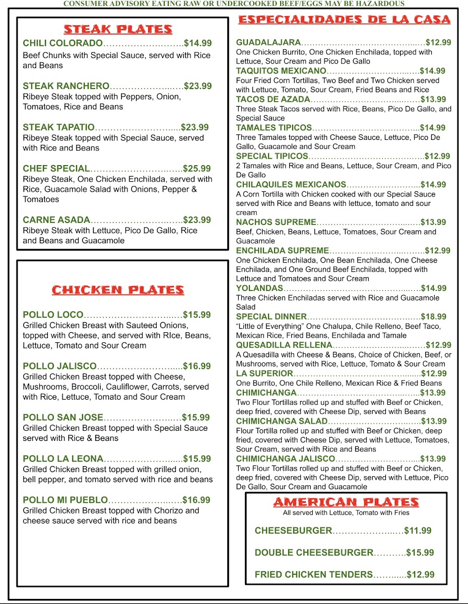 Oya Grill Mexican Restaurant menu board