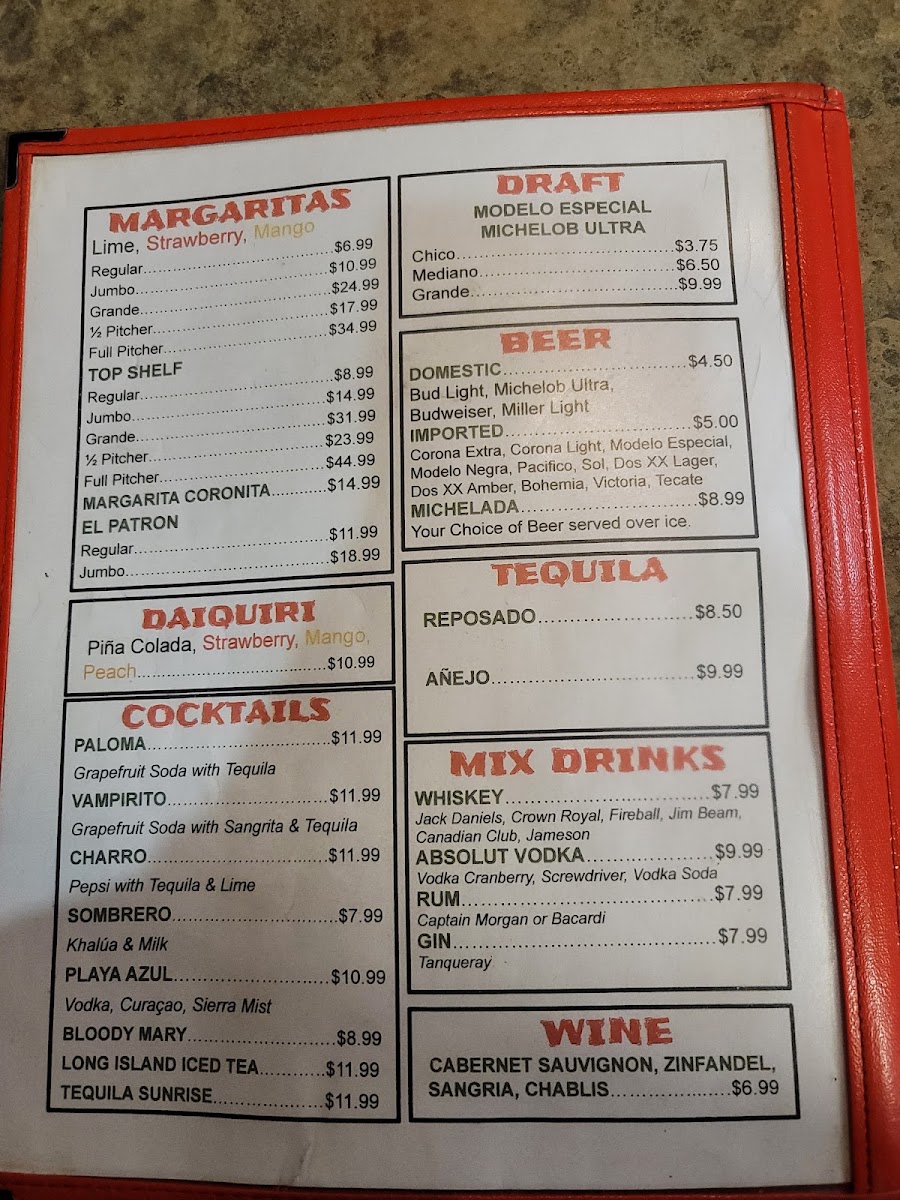 Oya Grill Mexican Restaurant menu board