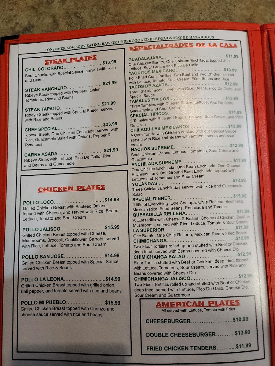 Oya Grill Mexican Restaurant menu board