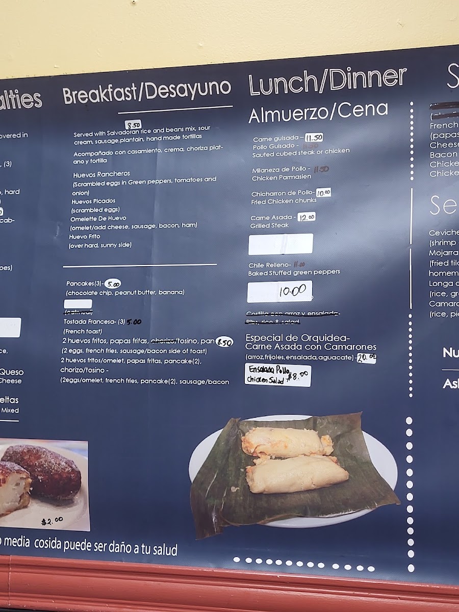 Pupuseria Orquidea menu board
