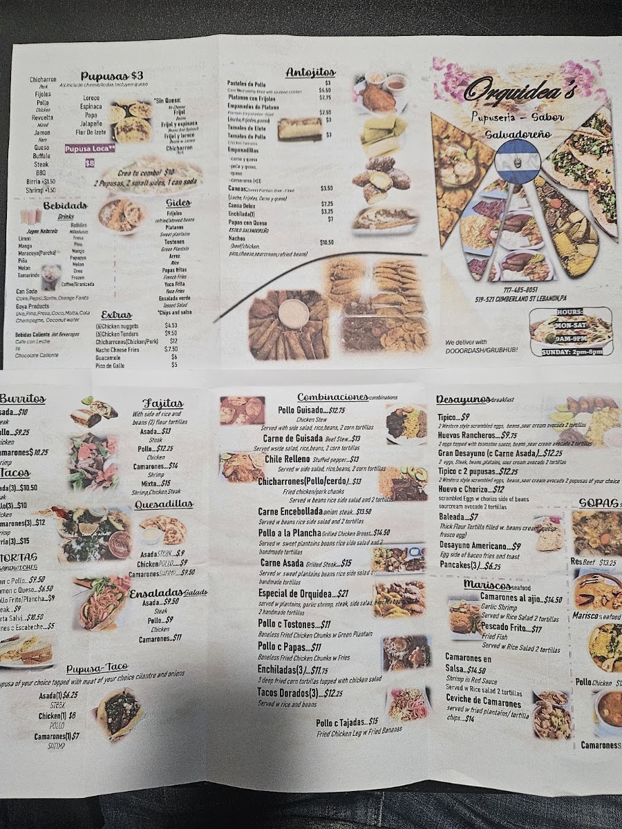 Pupuseria Orquidea menu board