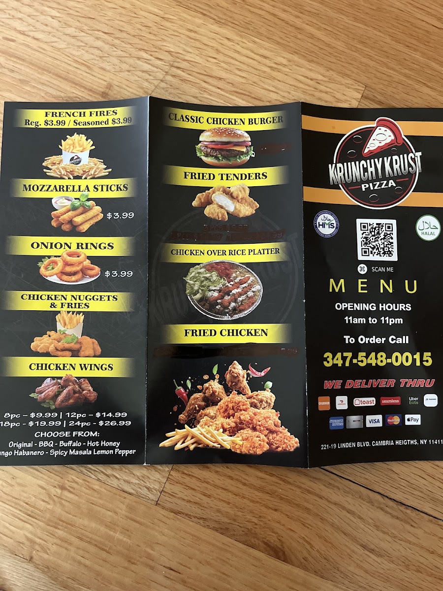 Krunchy Krust Pizza & Wings (Zabiha Halal, HMS CERT.) menu board