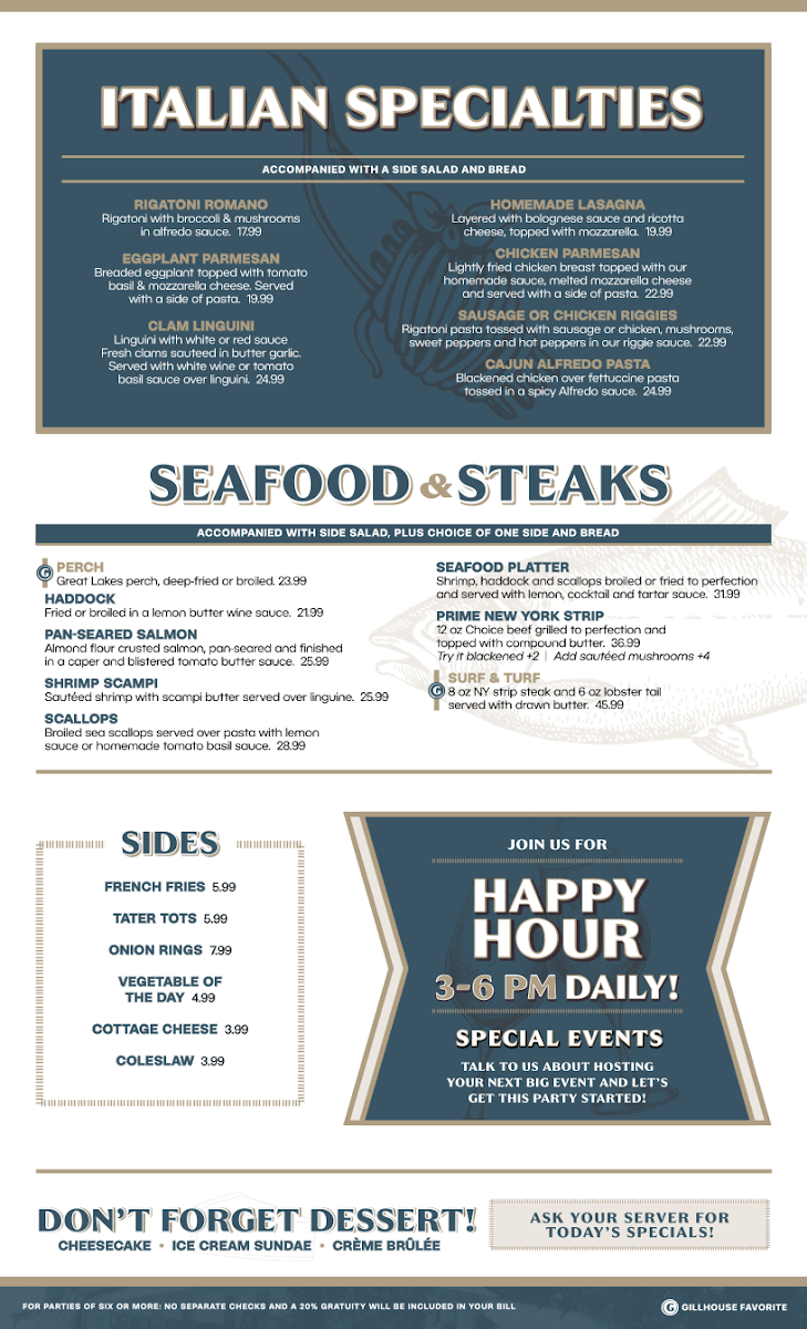GillHouse Restaurant & Bar menu board