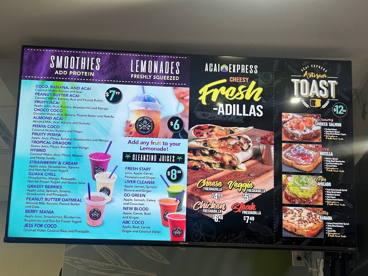 Acai Express menu board