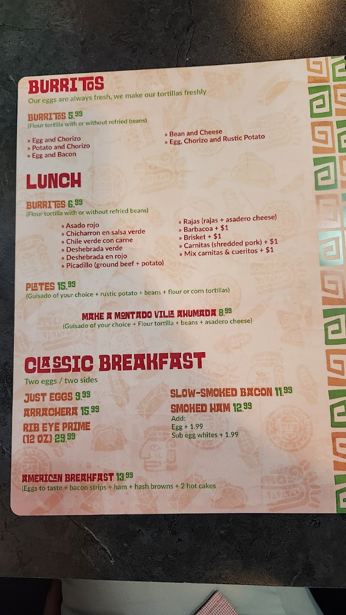 Hijos del Maiz menu board