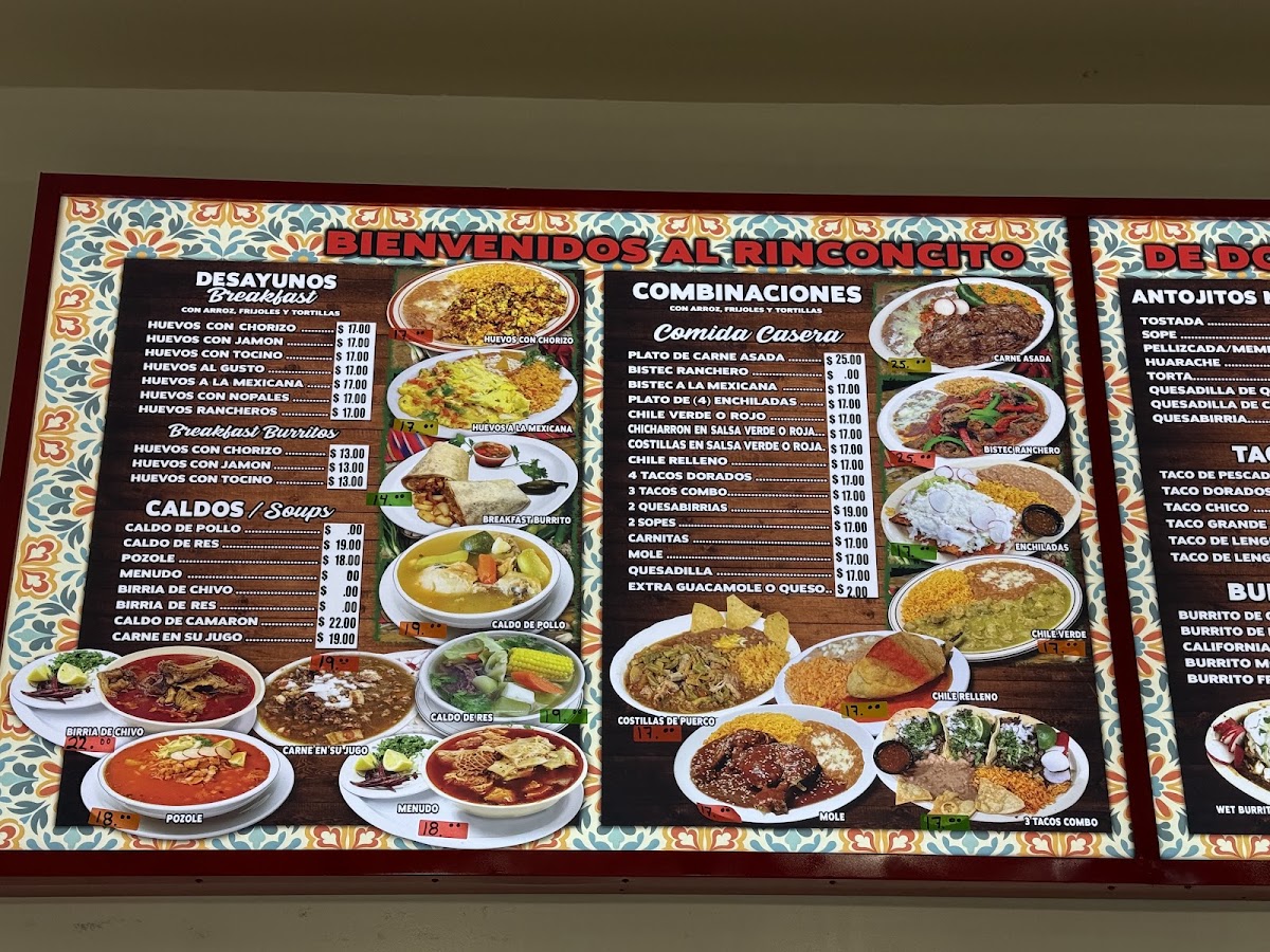 EL RINCONCITO DE DOÑA MARY menu board