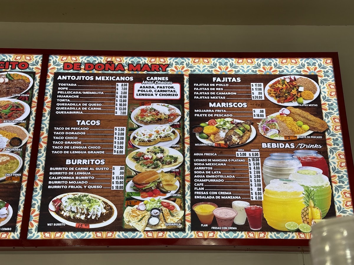 EL RINCONCITO DE DOÑA MARY menu board
