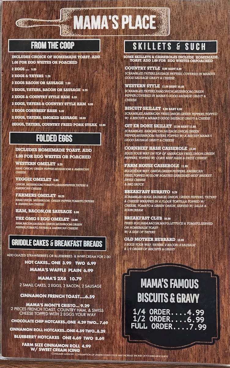 Mama's Place menu board