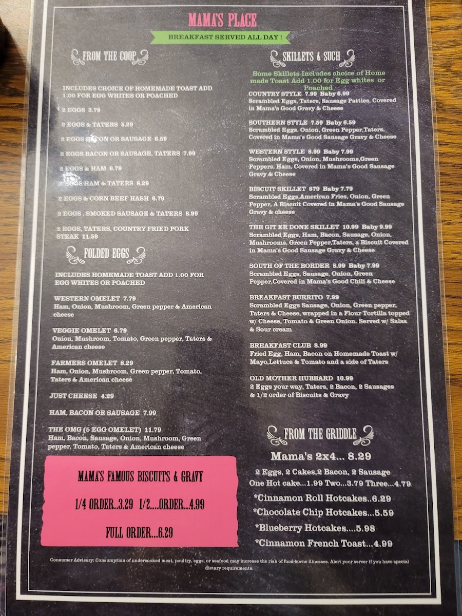 Mama's Place menu board