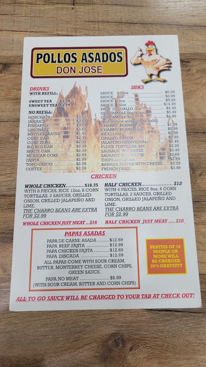 Pollos Asados Don José menu board