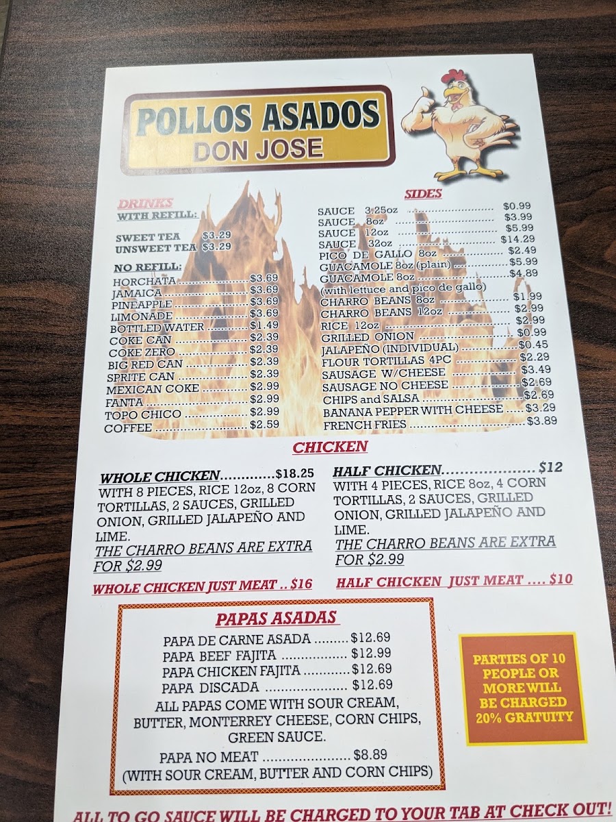 Pollos Asados Don José menu board