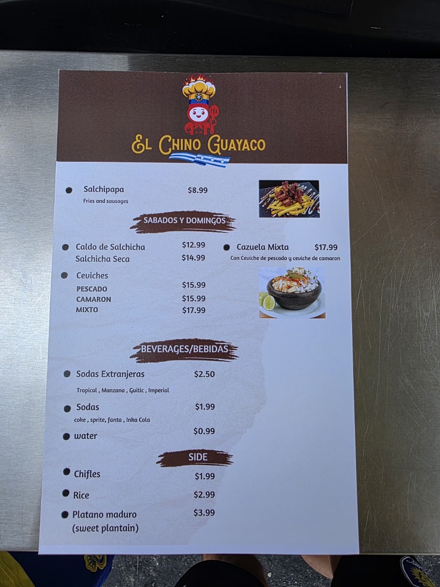 El Chino Guayaco menu board