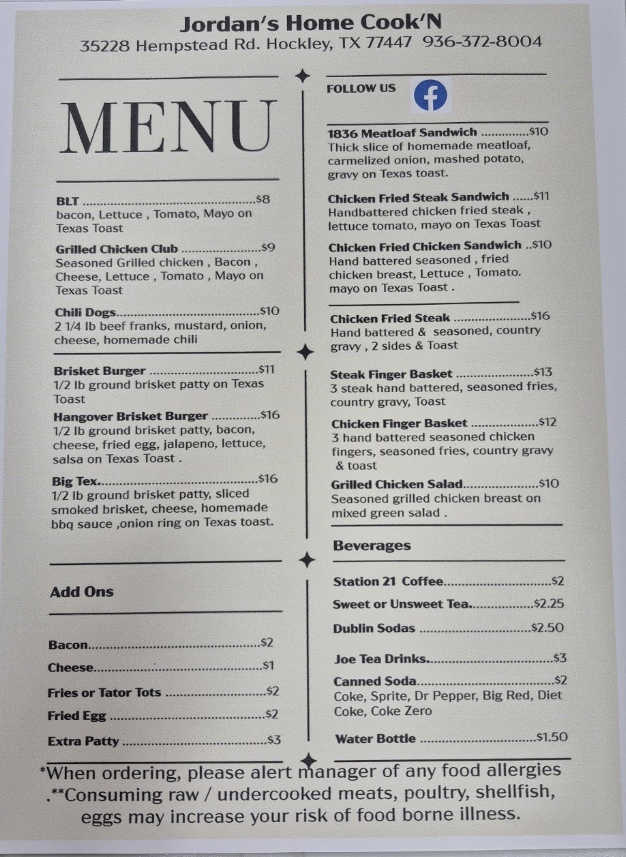 Jordan's Home Cook'N menu board