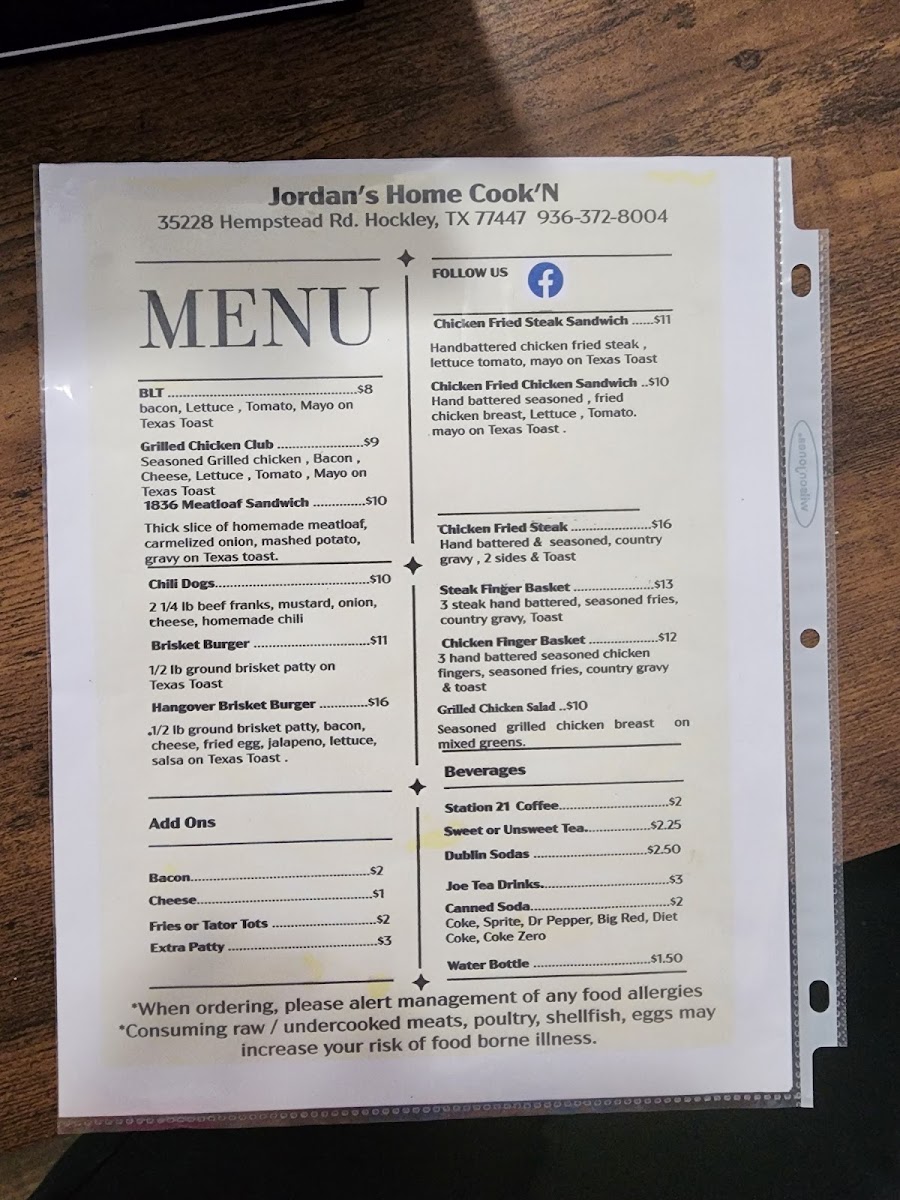 Jordan's Home Cook'N menu board