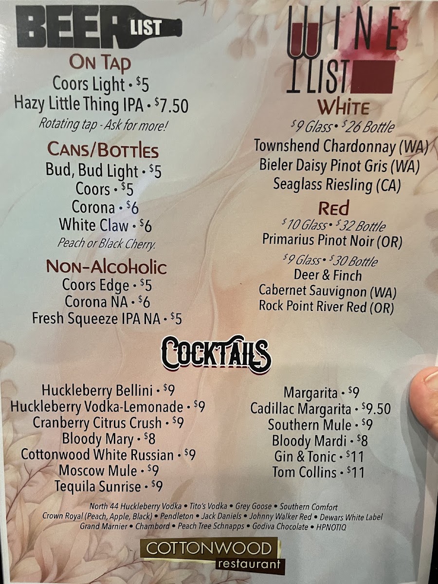 Cottonwood Restaurant menu board