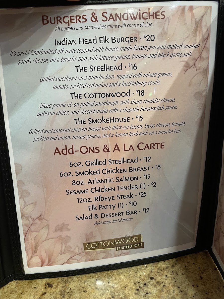 Cottonwood Restaurant menu board