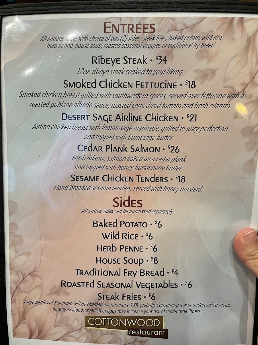 Cottonwood Restaurant menu board