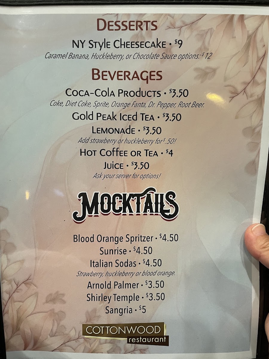 Cottonwood Restaurant menu board