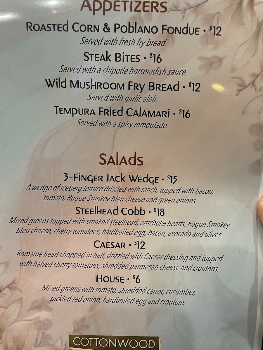 Cottonwood Restaurant menu board