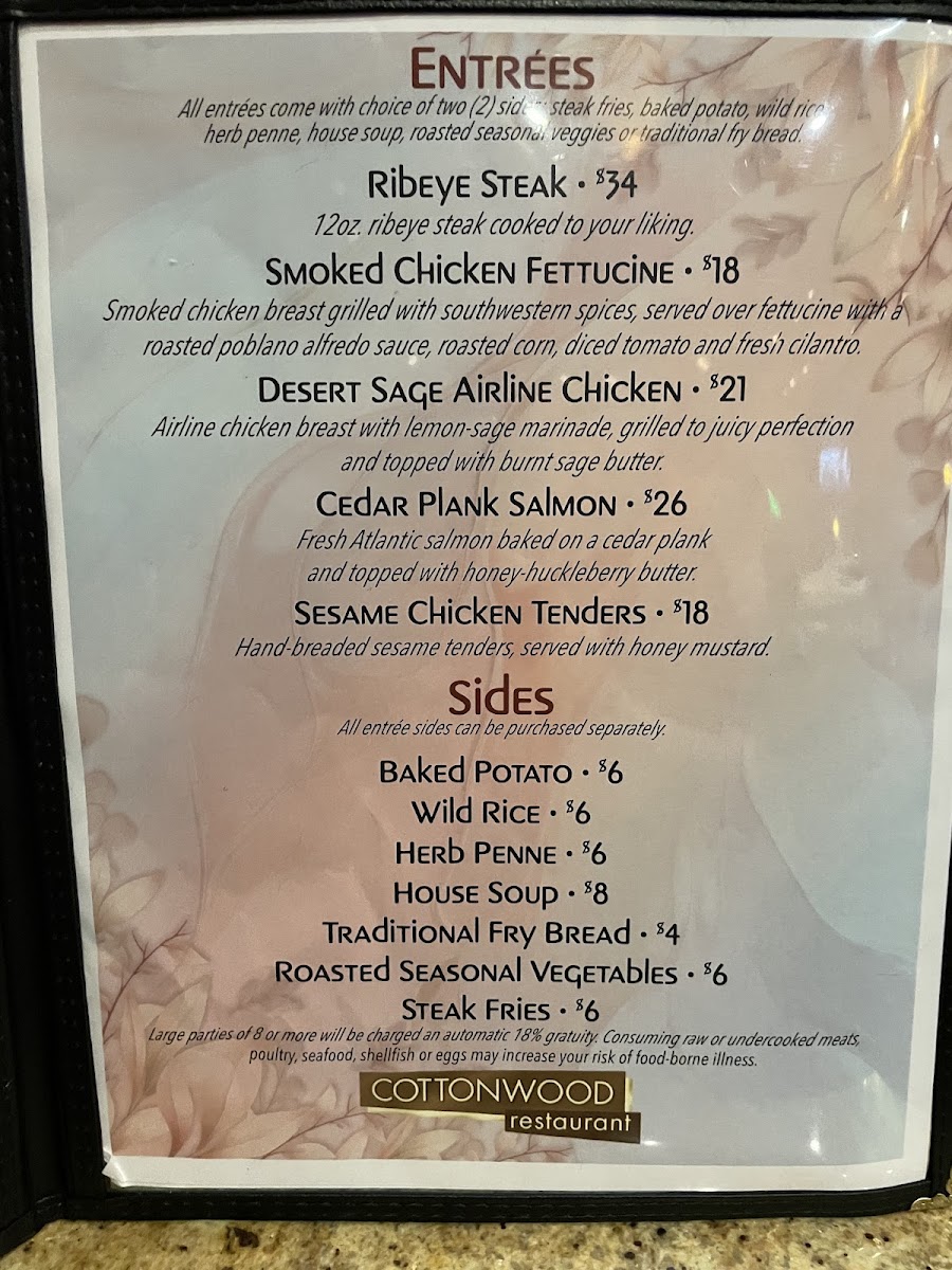 Cottonwood Restaurant menu board