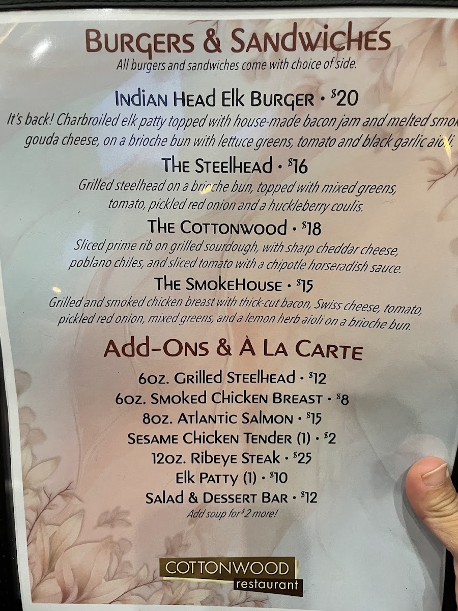 Cottonwood Restaurant menu board